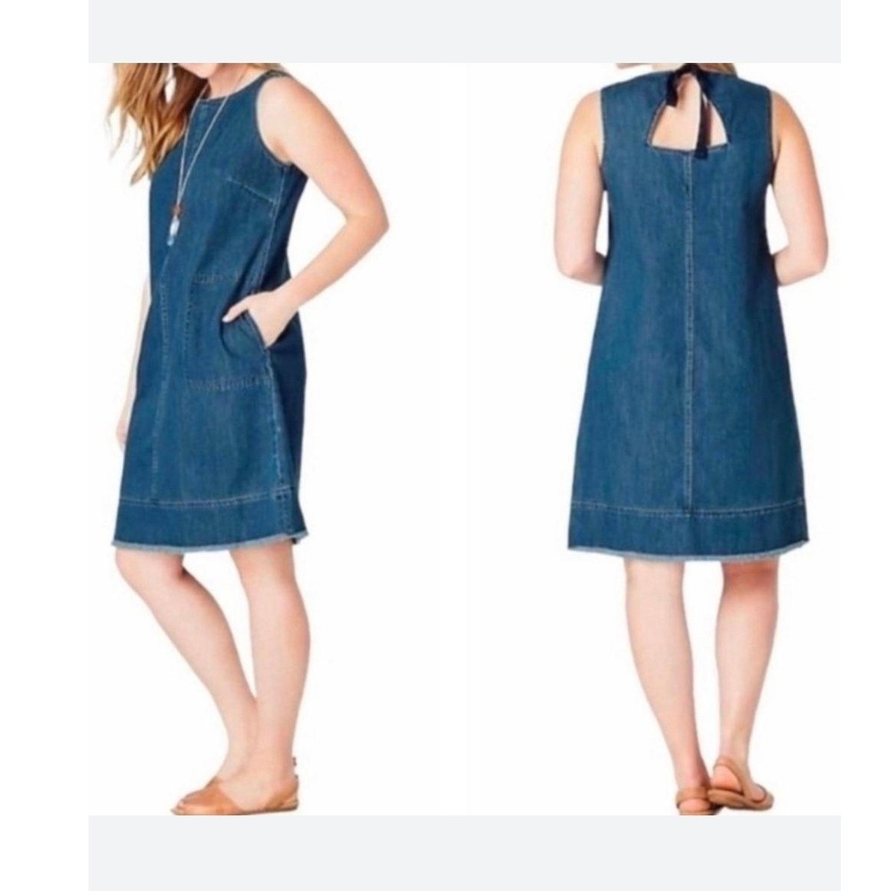 J. Jill Denim Womens Small Petite Blue Cotton Shift Dress Frayed Hem Pockets